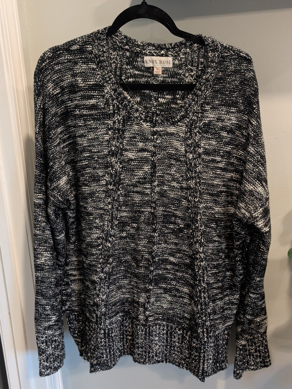 Knox Rose Black & White Marled Cable Crew Sweater, Button Down Sides